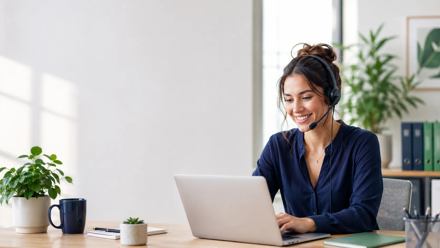 Empfangsmitarbeiterin am Laptop mit Headset — so sieht ein Demo-Termin mit uns aus, locker und ohne Vertriebs-Pitch